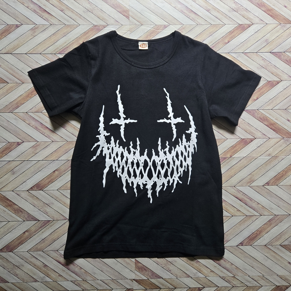 Kid's Goth Punk Smiley Face T-Shirt Edgy Metalcore Streetwear Alt Black Sz 6-7Y